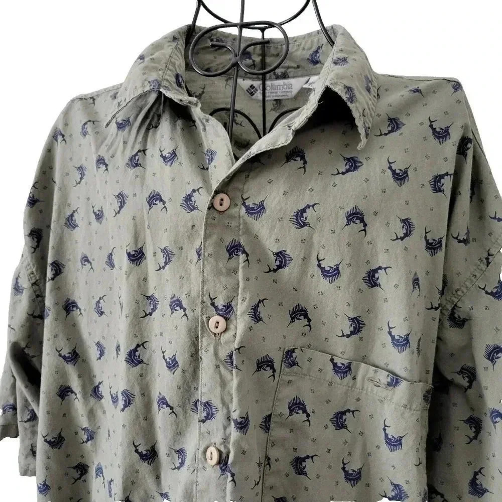 Columbia Button Up Shirt XL Men's Dark Khaki Sword Fish Fishing Short Sleeve - Picture 2 of 4